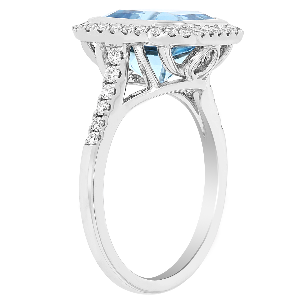 Asscher Cut Aquamarine & Diamond Octagon Halo Ring with Diamond Shank in White Gold
