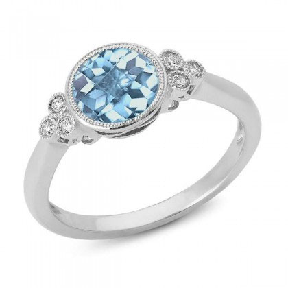 Round Aquamarine & Diamond Cluster Bezel Set Milgrain Ring in White Gold