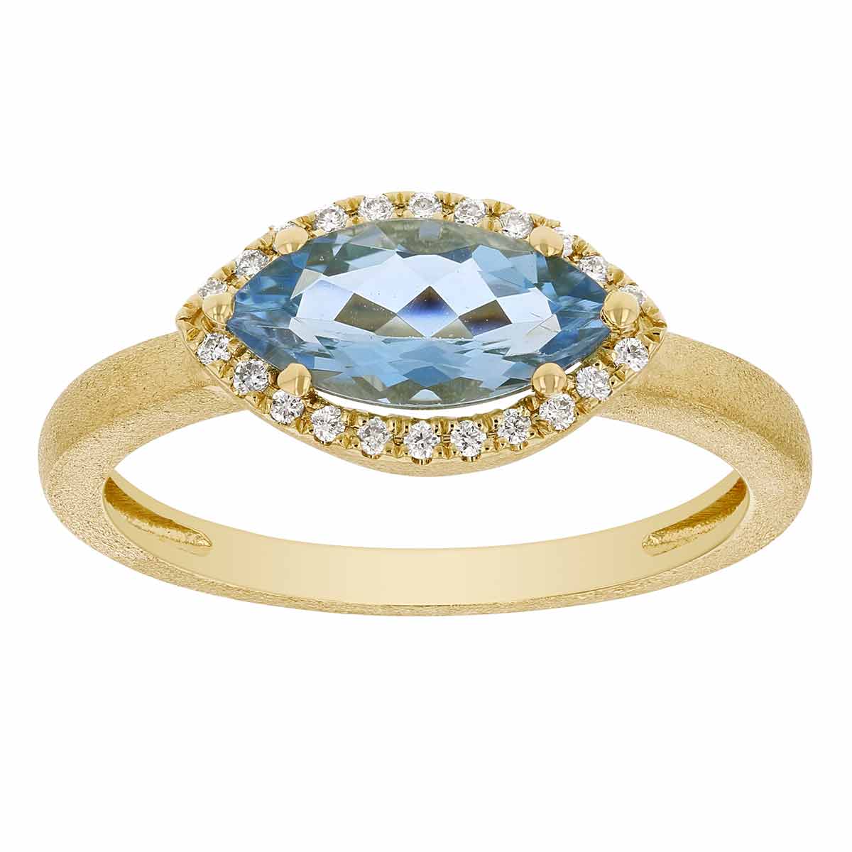 Marquise East West Aquamarine & Diamond Halo Ring in Yellow Gold