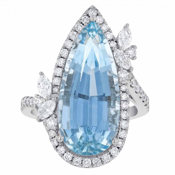 Pear Shaped Aquamarine Cocktail Ring with Marquise Diamond Accents & Halo in White Gold