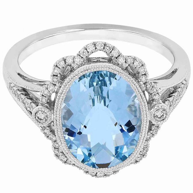Oval Aquamarine Ring with Diamond Milgrain Scalloped Halo in White Gold