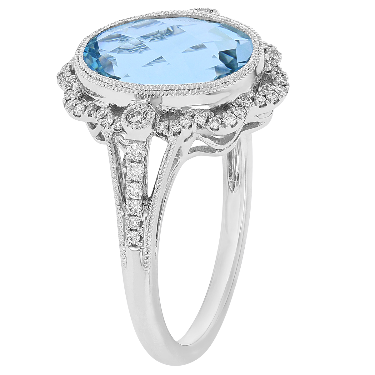 Oval Aquamarine Ring with Diamond Milgrain Scalloped Halo in White Gold