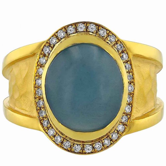 Marika Oval Aquamarine Cabochon & Diamond Halo Wide Ring in Yellow Gold
