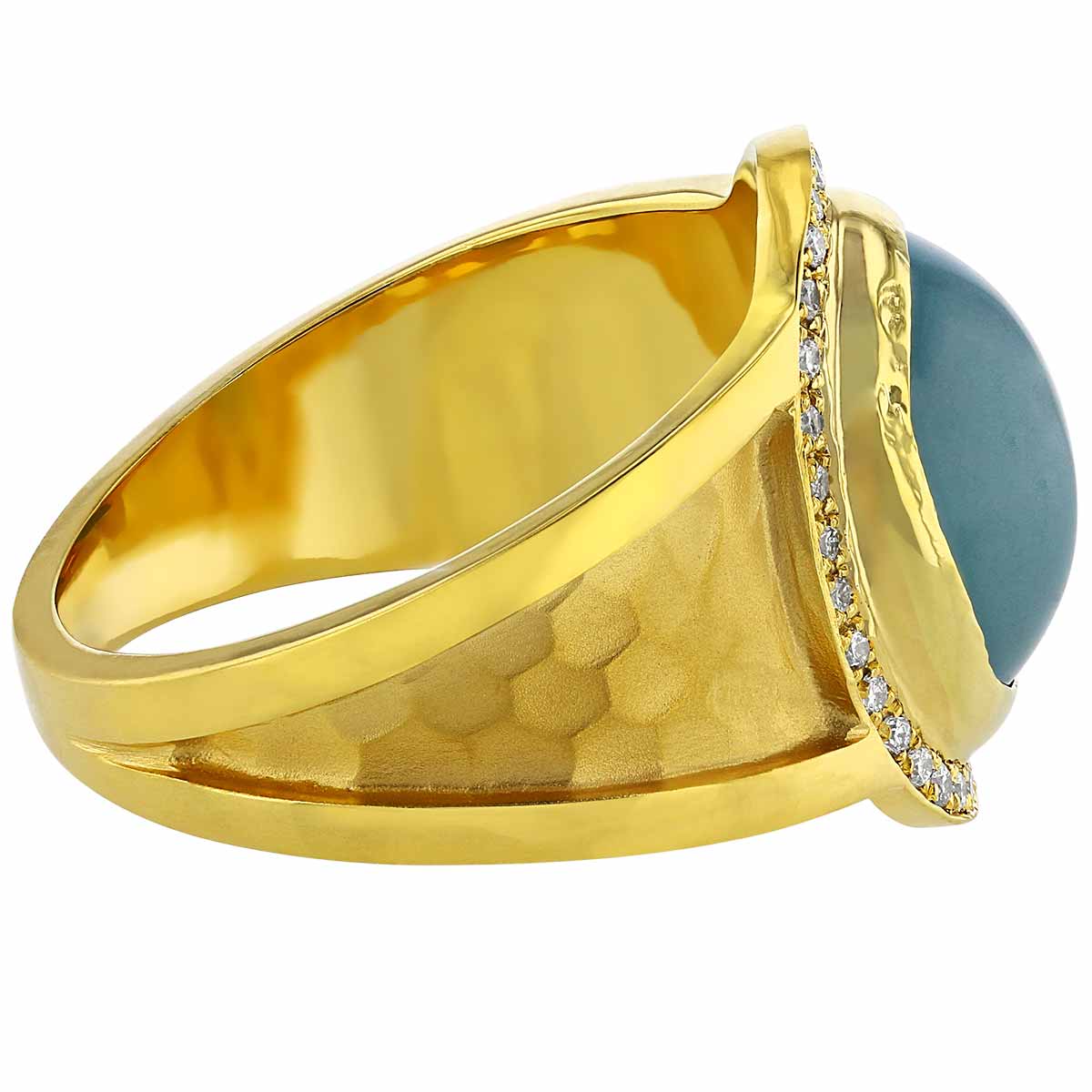 Marika Oval Aquamarine Cabochon & Diamond Halo Wide Ring in Yellow Gold