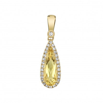 Elongated Pear Shaped Citrine & Diamond Halo Pendant Necklace in Yellow Gold, 18"