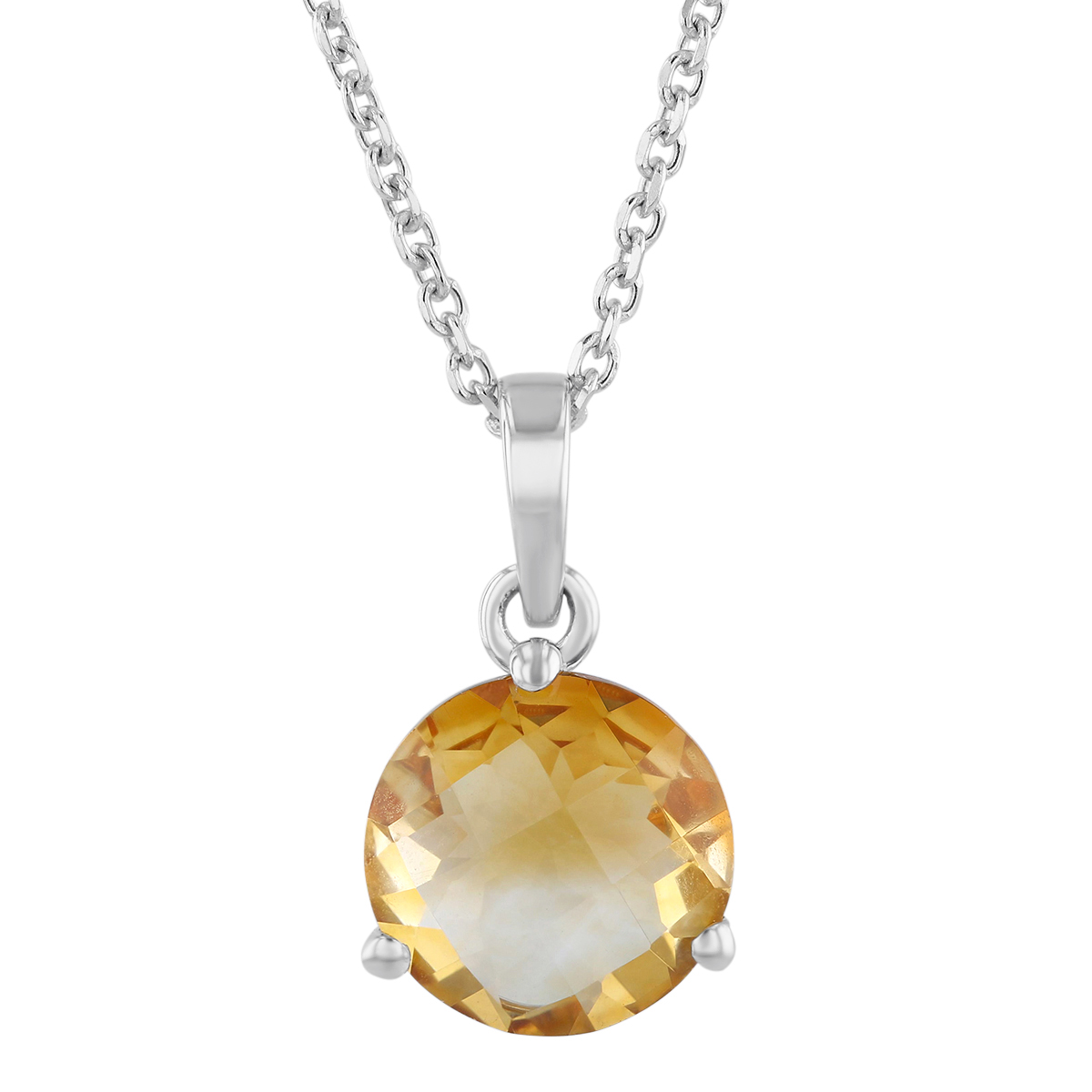14K White Gold Round Checkerboard Citrine Pendant, 18