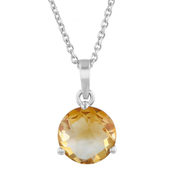 14K White Gold Round Checkerboard Citrine Pendant, 18"