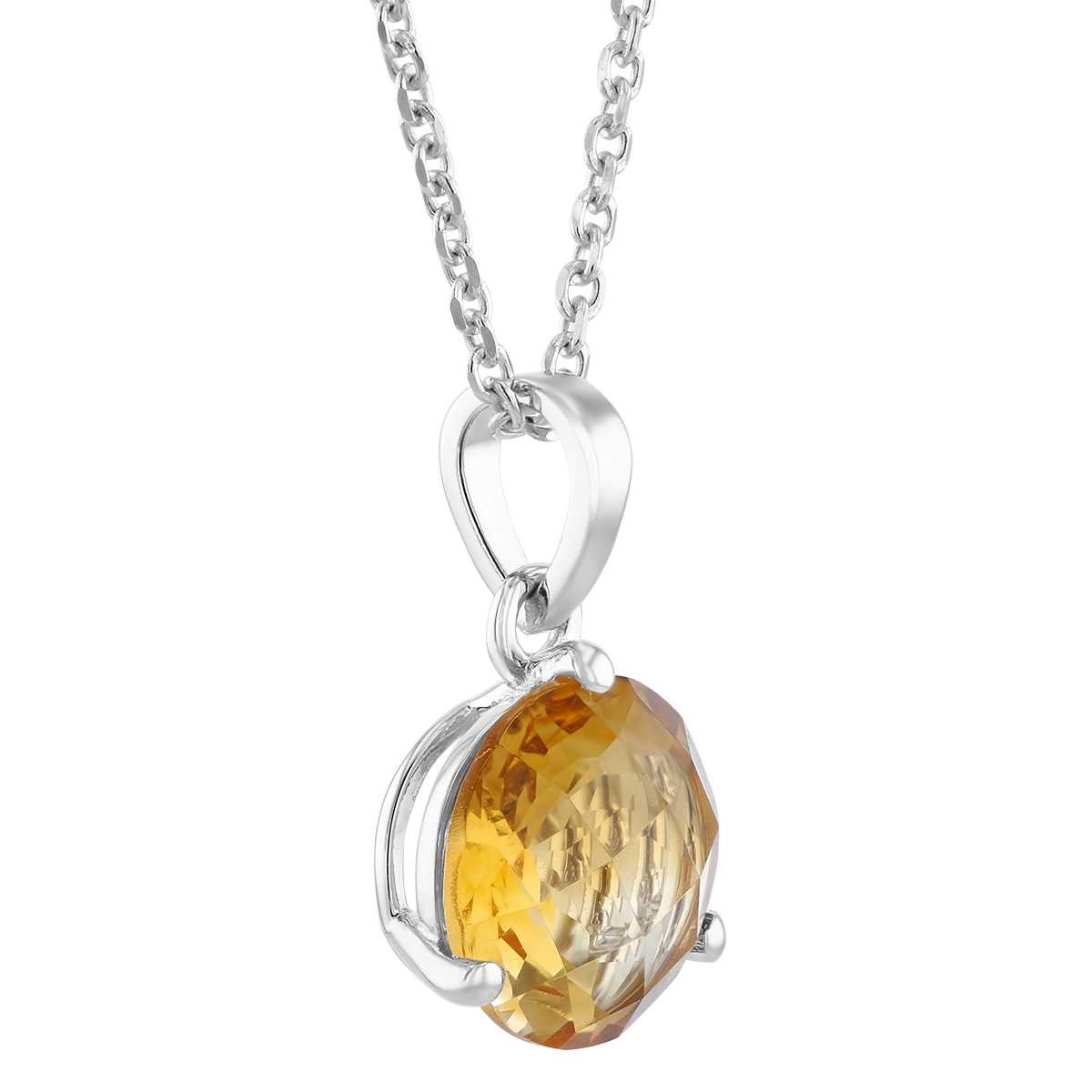 14K White Gold Round Checkerboard Citrine Pendant, 18