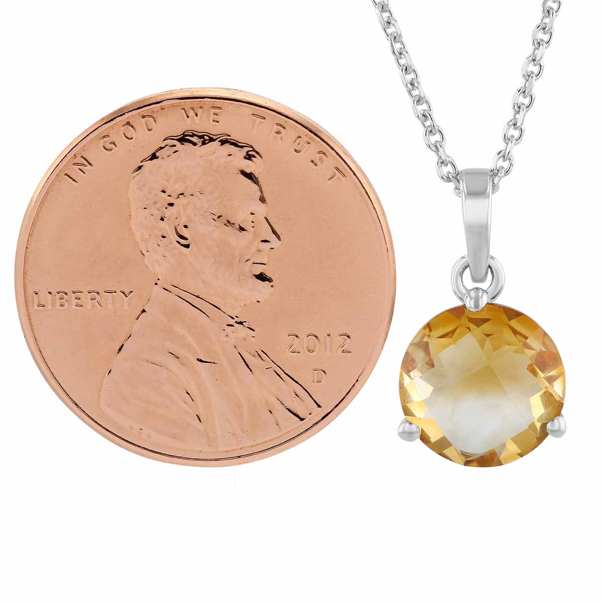 14K White Gold Round Checkerboard Citrine Pendant, 18