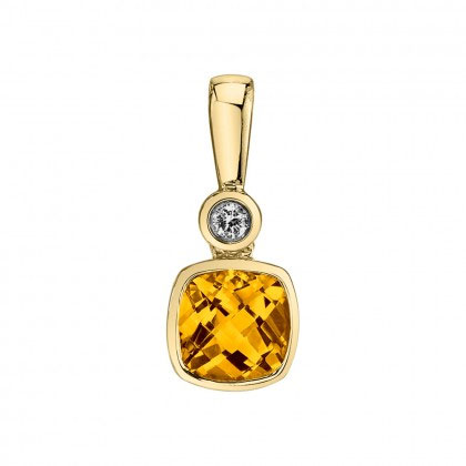 Cushion Citrine & Diamond Pendant in Yellow Gold, 18"