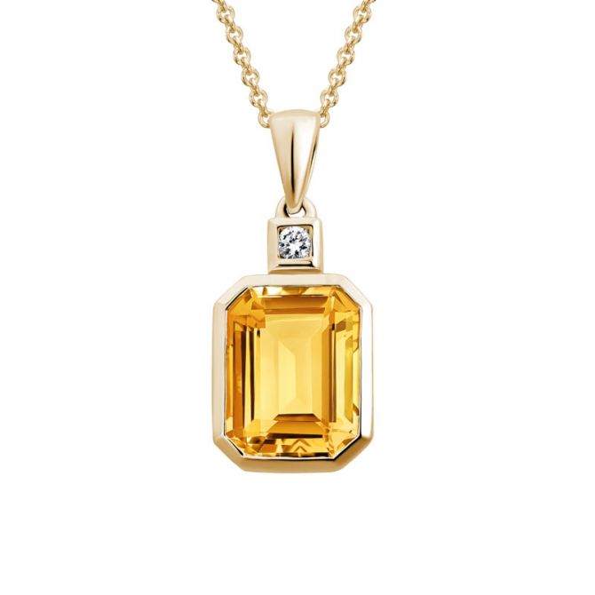 Emerald Cut Citrine Pendant with Diamond Accent in Yellow Gold, 18"