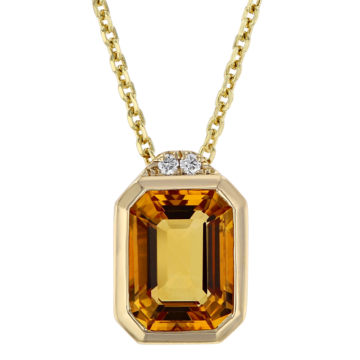 Emerald Cut Citrine Bezel Set Pendant with 2 Diamond Accent in Yellow Gold, 18