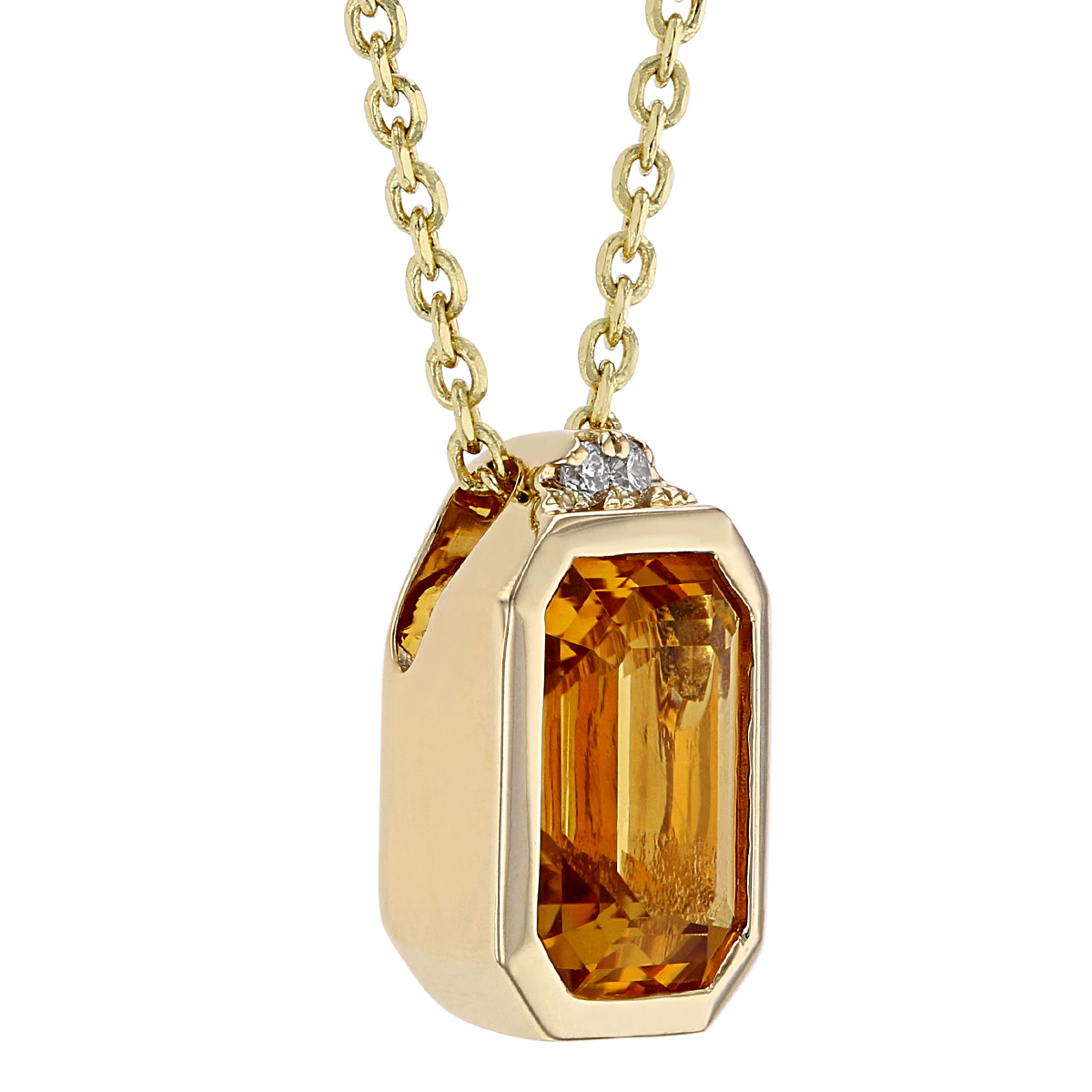Emerald Cut Citrine Bezel Set Pendant with 2 Diamond Accent in Yellow Gold, 18