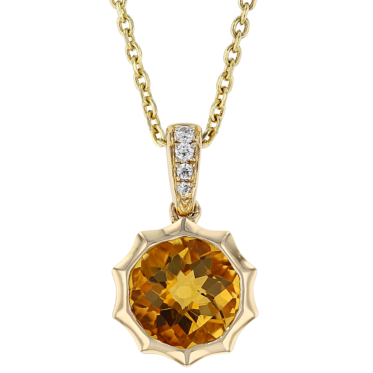 Round Checkerboard Citrine Pointed Bezel Pendant with Diamond Bail in Yellow Gold, 18