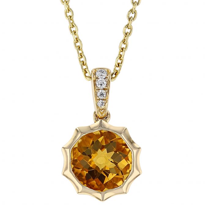 Round Checkerboard Citrine Pointed Bezel Pendant with Diamond Bail in Yellow Gold, 18"