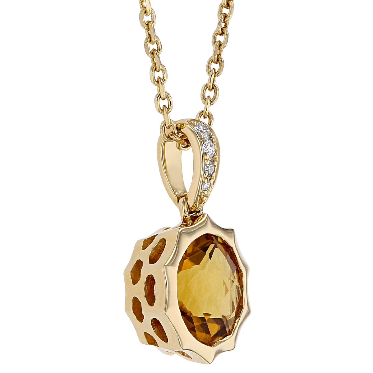 Round Checkerboard Citrine Pointed Bezel Pendant with Diamond Bail in Yellow Gold, 18