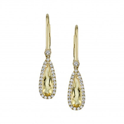 Elongated Pear Shaped Citrine & Diamond Halo Drop Earrings in Yellow Gold