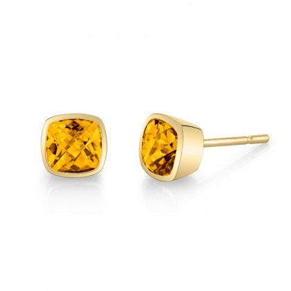 Cushion Citrine Bezel Set Stud Earrings in Yellow Gold