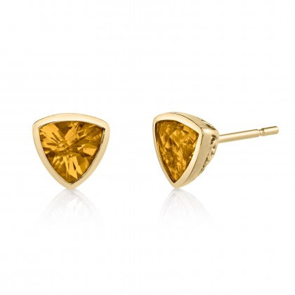 Checkerboard Trillion Citrine Stud Earrings in Yellow Gold