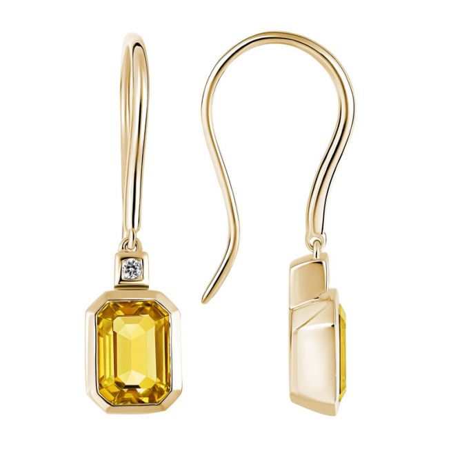 Emerald Cut Citrine & Diamond Bezel Set Drop Earrings in Yellow Gold