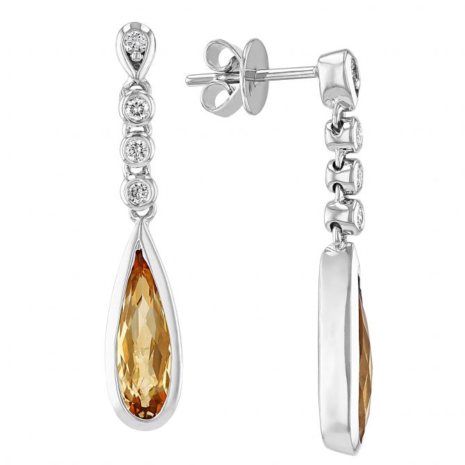 Elongated Pear Shaped Citrine & Diamond Bezel Set Drop Earrings in White Gold