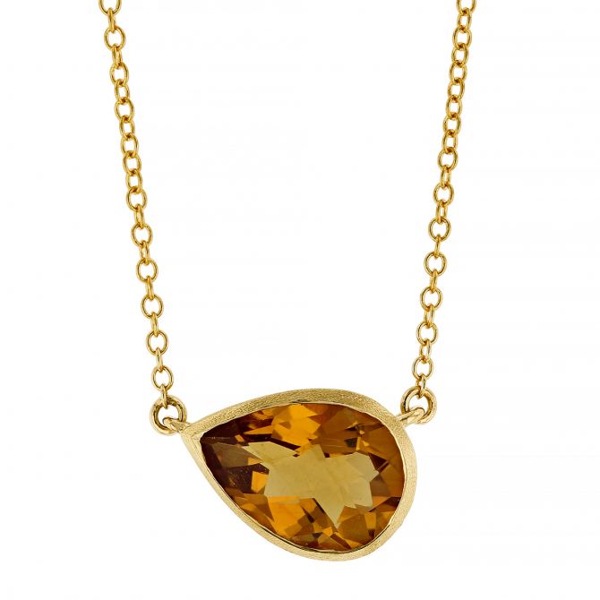Pear Shaped East West Citrine Necklace in Satin Yellow Gold, 18"