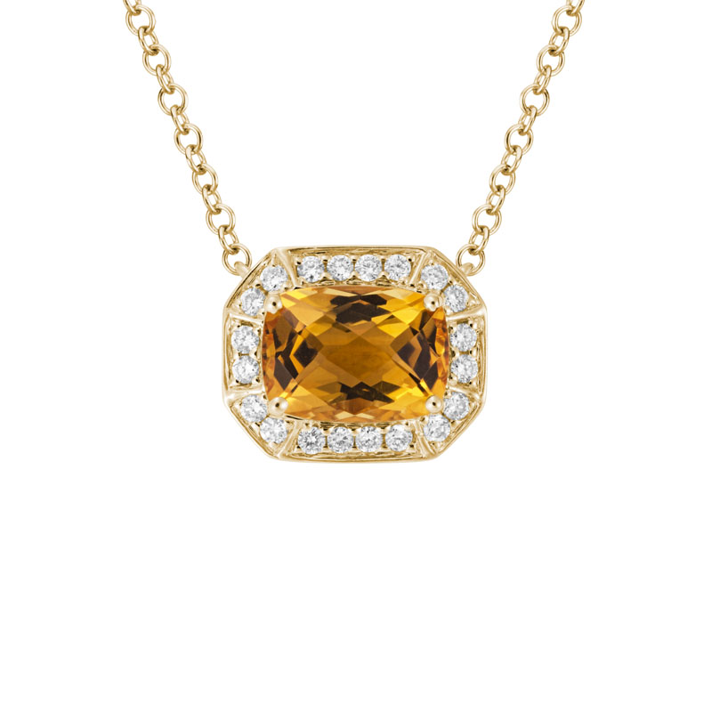 Cushion Citrine Octagon Pendant with Diamond Halo in Yellow Gold, 18