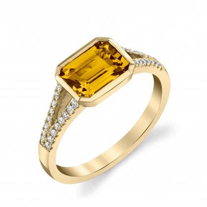 Emerald Cut Citrine & Diamond Split Shank Ring in Yellow Gold