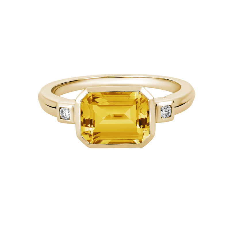 Emerald Cut Citrine & Diamond Side Stone Bezel Set 3 Stone Ring in