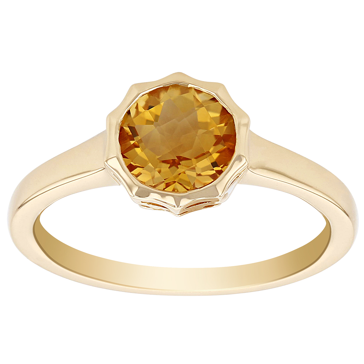 Round Checkerboard Citrine Ring with Pointed Bezel in Yellow Gold