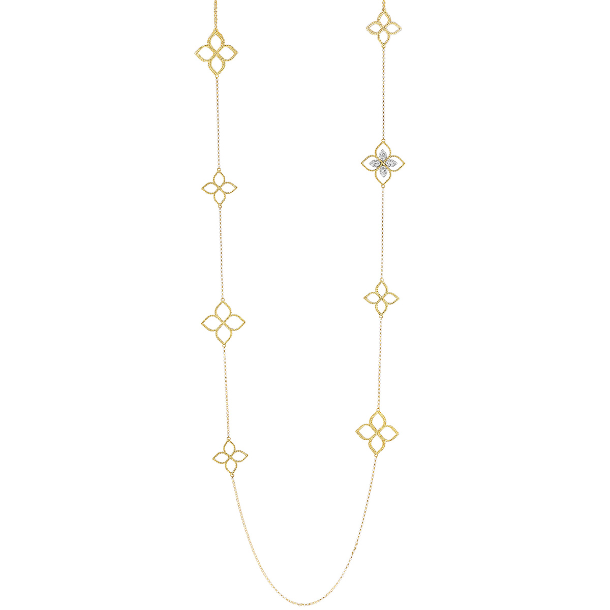 Roberto Coin Princess Flower Yellow Gold Cutout Station Necklace with Diamonds, 33