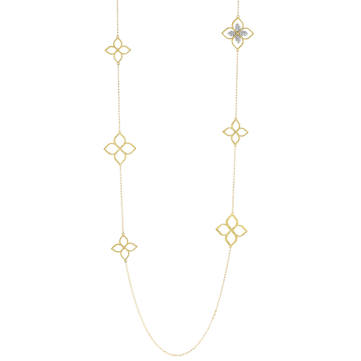 Roberto Coin Princess Flower Yellow Gold Cutout Station Necklace with Diamonds, 33