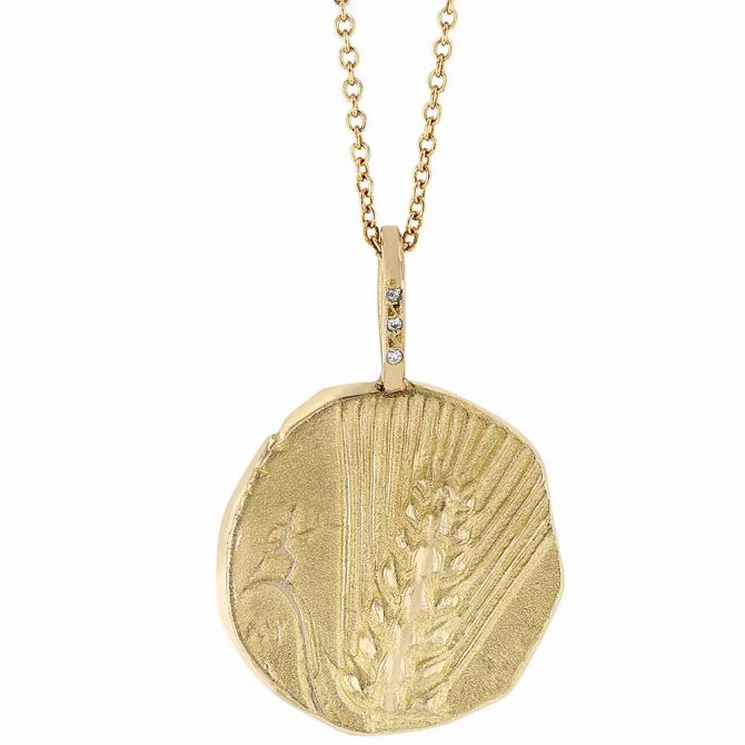 Robin Haley Artifact Charm Yellow Gold Peacock Disc Pendant with Diamond Bail, 18"