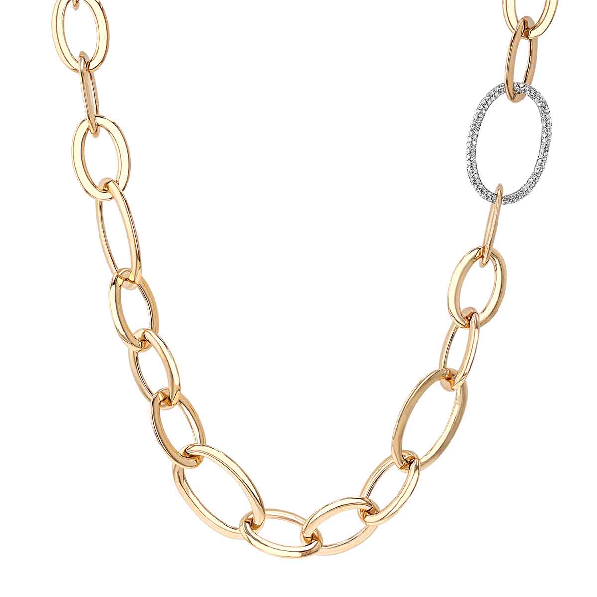 Yellow Gold Multi-Size Long Chain Link Necklace with Diamond Pavé Link, 36