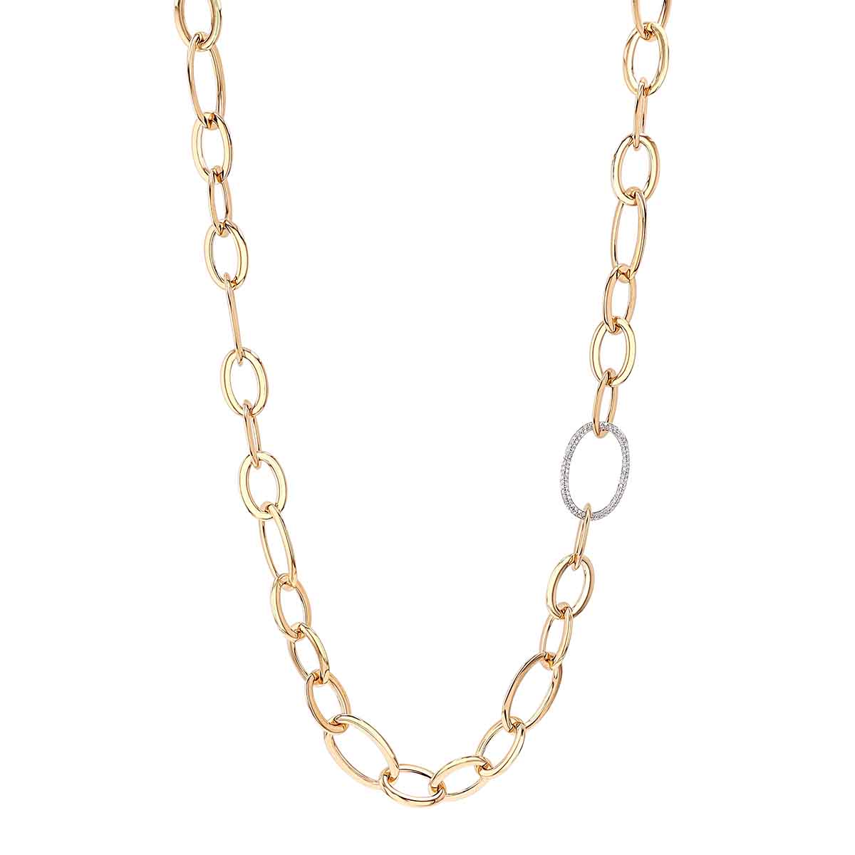 Yellow Gold Multi-Size Long Chain Link Necklace with Diamond Pavé Link, 36