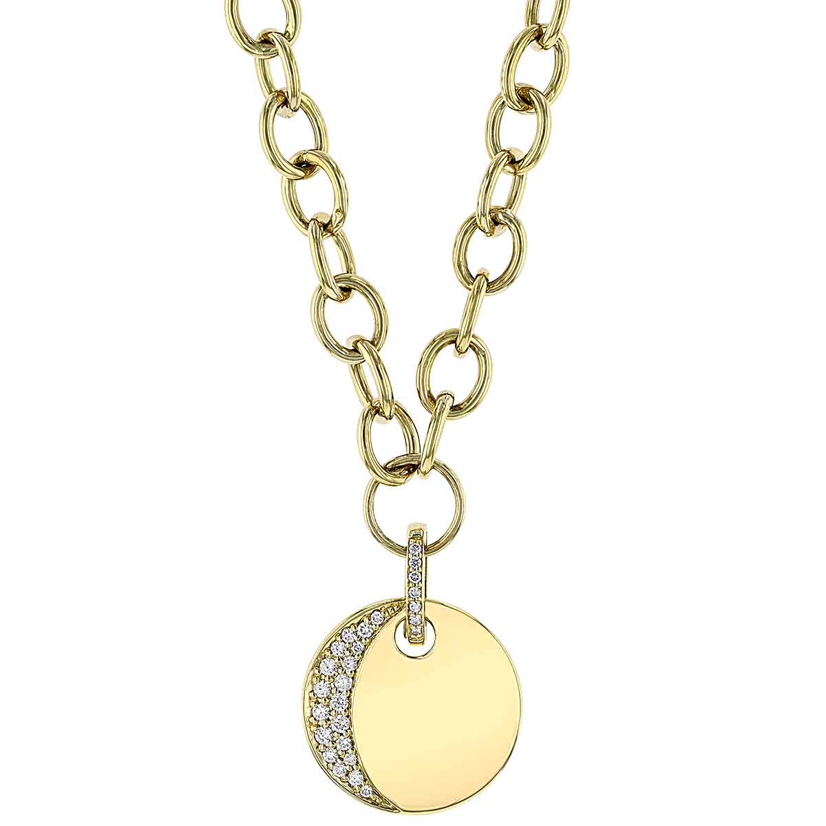 Yellow Gold Disc Pendant with Diamond Pavé Crescent Moon & Chunky Link Chain, 16