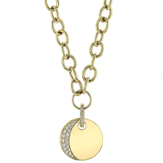 Yellow Gold Disc Pendant with Diamond Pavé Crescent Moon & Chunky Link Chain, 16"