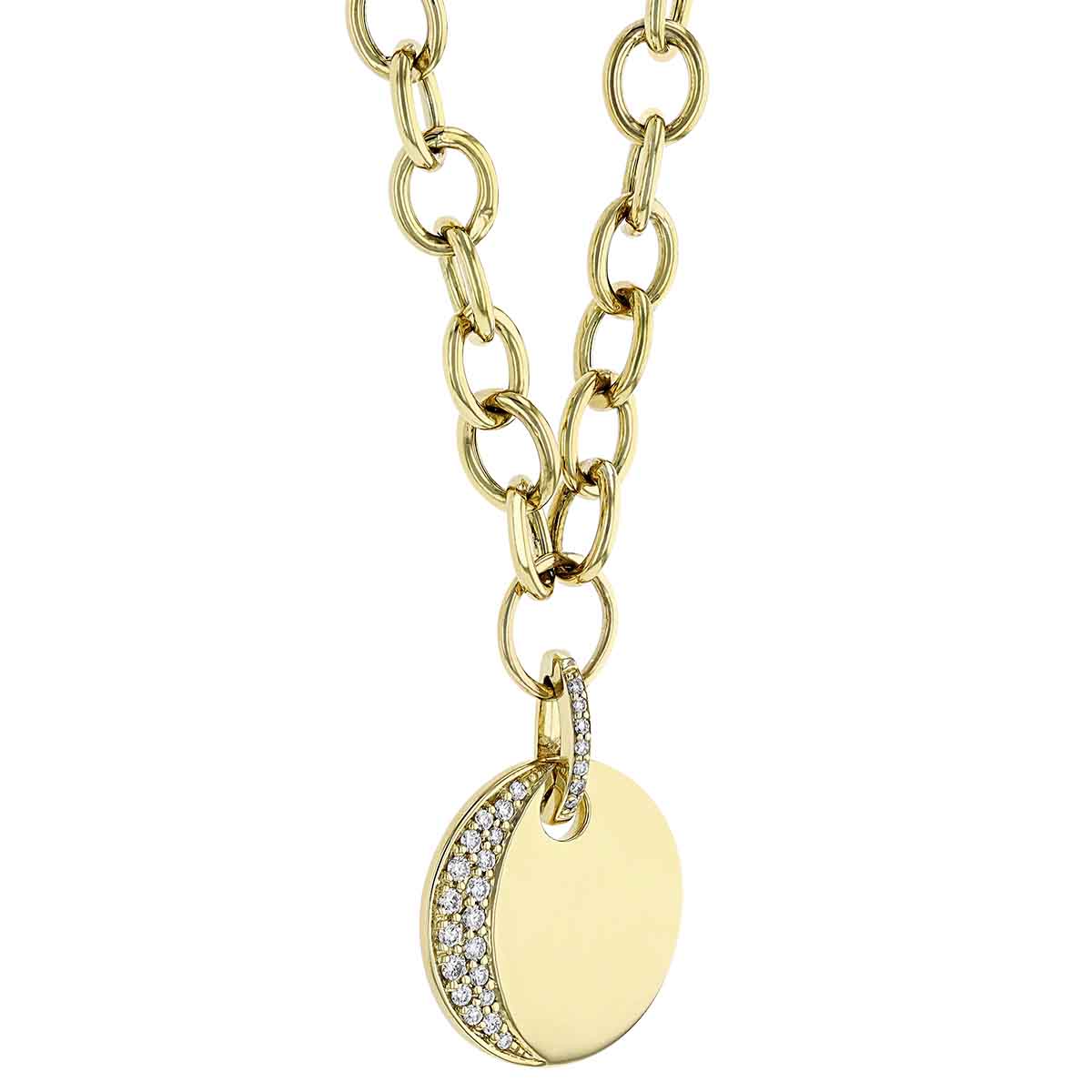 Yellow Gold Disc Pendant with Diamond Pavé Crescent Moon & Chunky Link Chain, 16