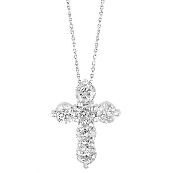 Diamond 6 Stone Cross Necklace in White Gold, 1.30 cttw, 18"