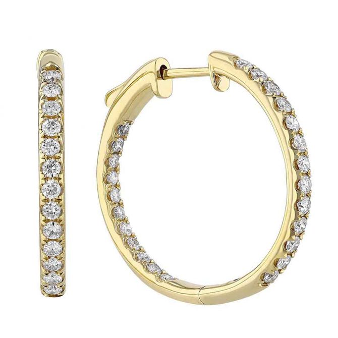 Diamond Inside Out Snap Hoop Earrings in Yellow Gold, 25 mm, 1.00 cttw