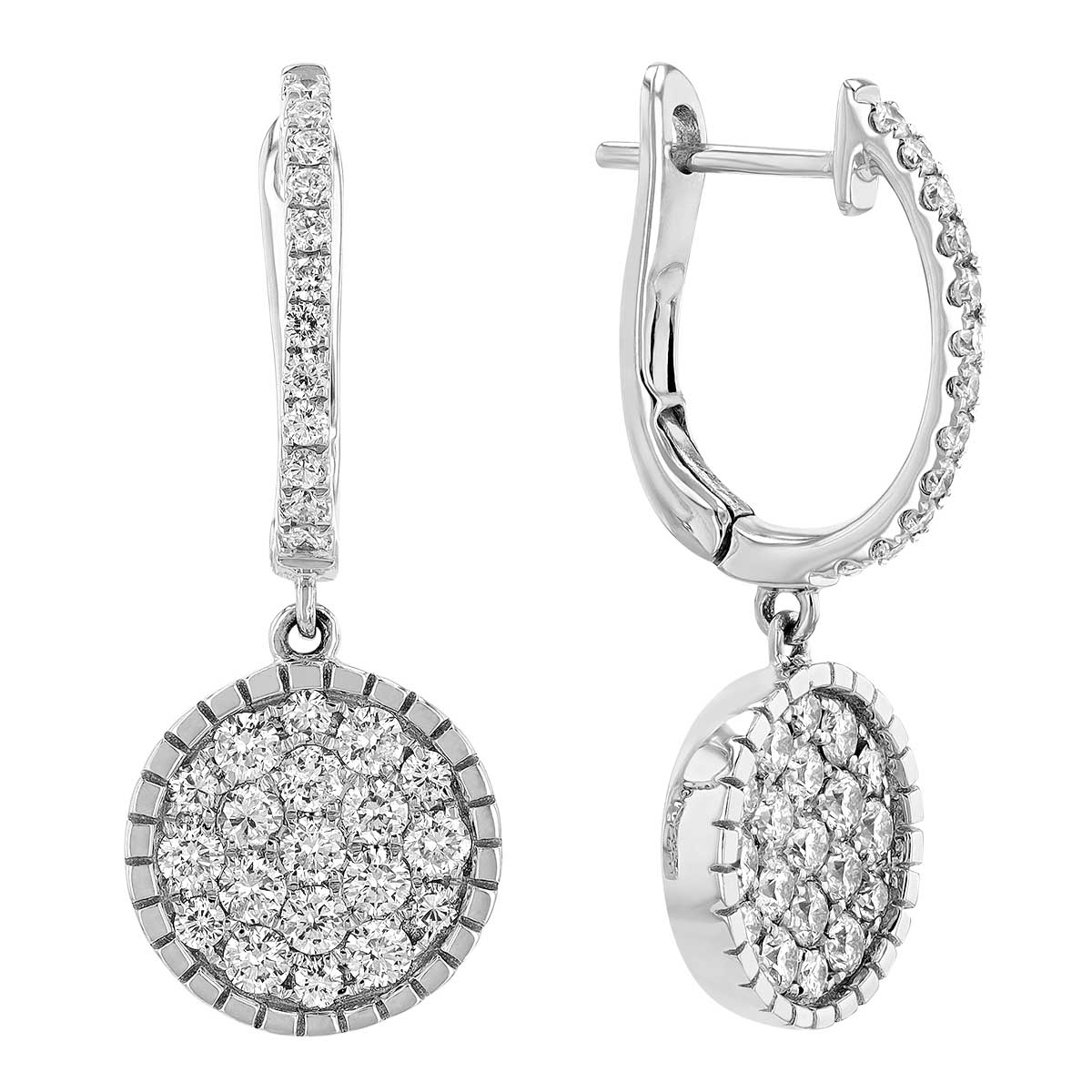 Diamond Pavé Disc Dangle Huggie Earrings in White Gold