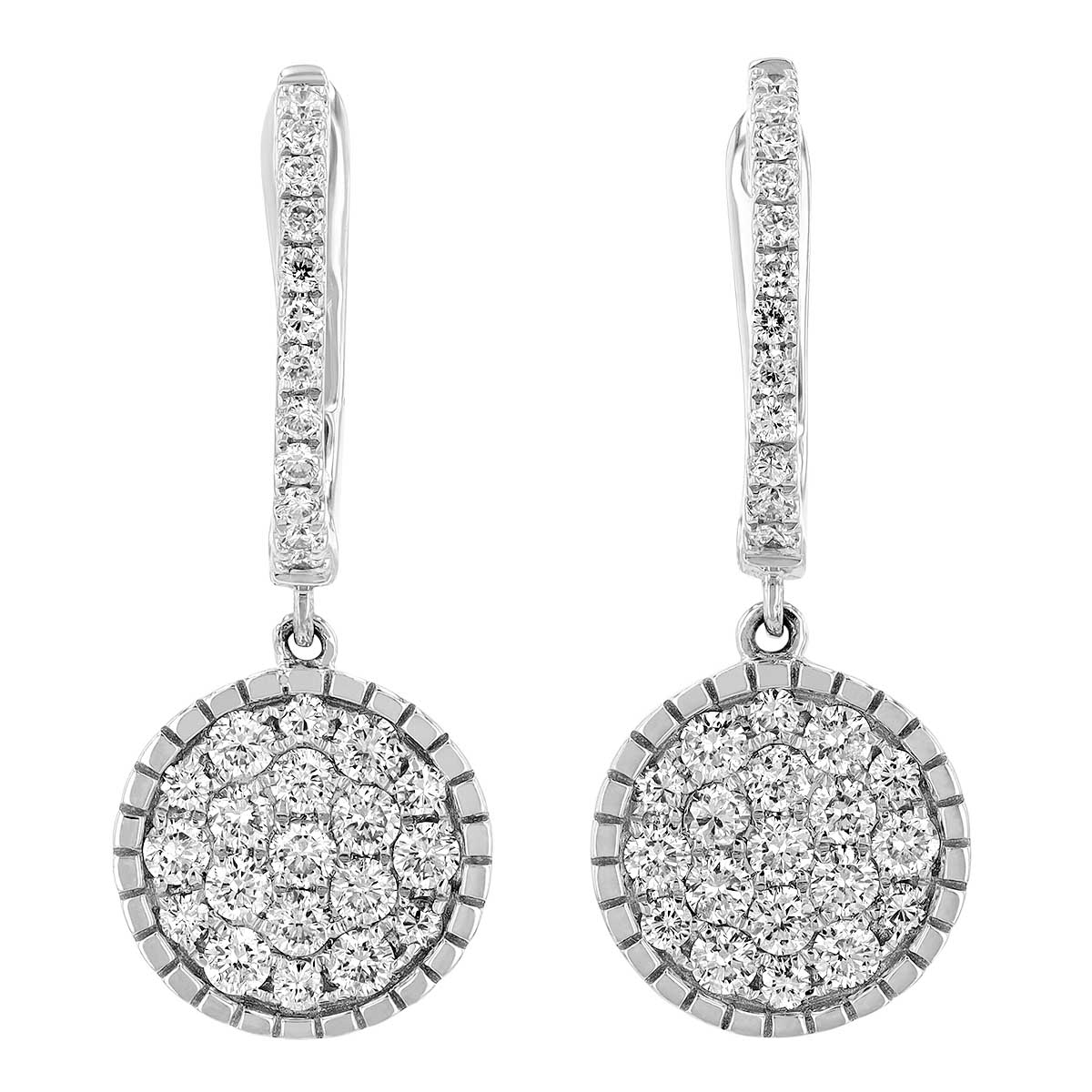 Diamond Pavé Disc Dangle Huggie Earrings in White Gold