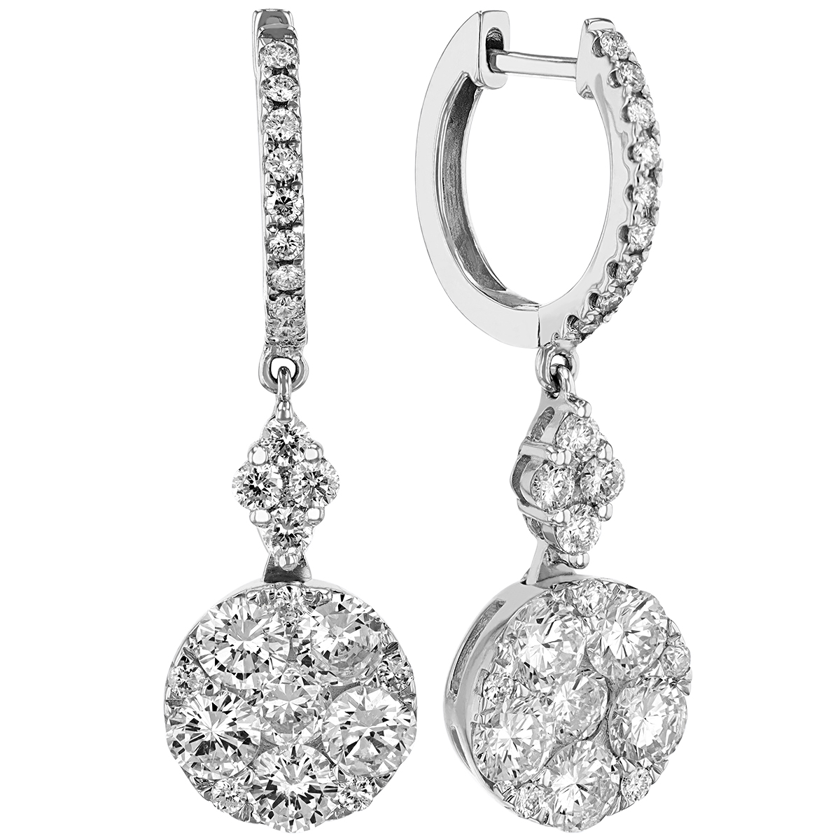 Diamond Cluster Illusion Disc Dangle Huggie Earrings in White Gold