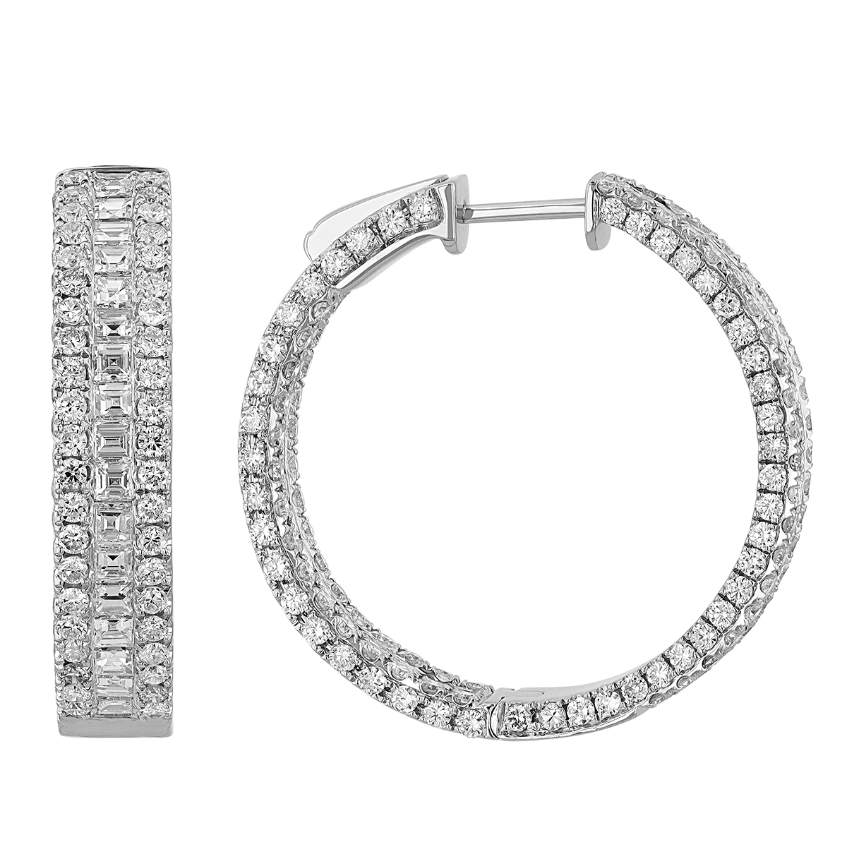 Diamond 3 Row Round & Asscher Cut Inside Out Hoop Earrings in White Gold, 5.11 cttw
