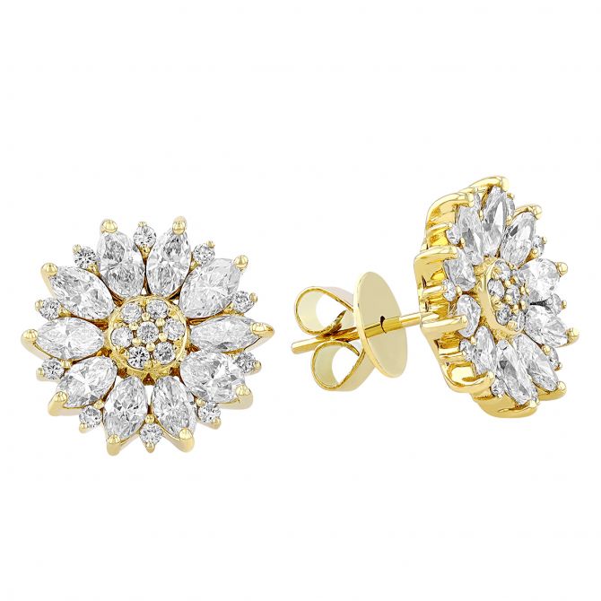 Marquise & Round Diamond Daisy Cluster Stud Earrings in Yellow Gold