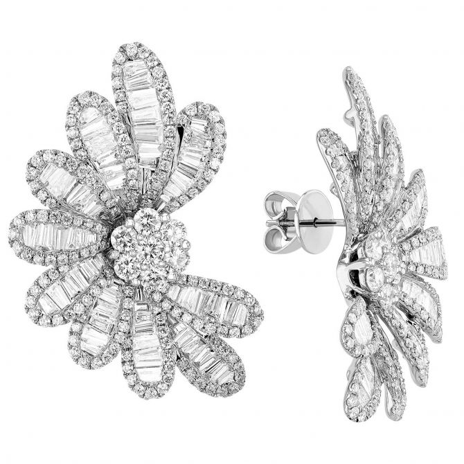 Diamond Flower Statement Post Earrings in White Gold
