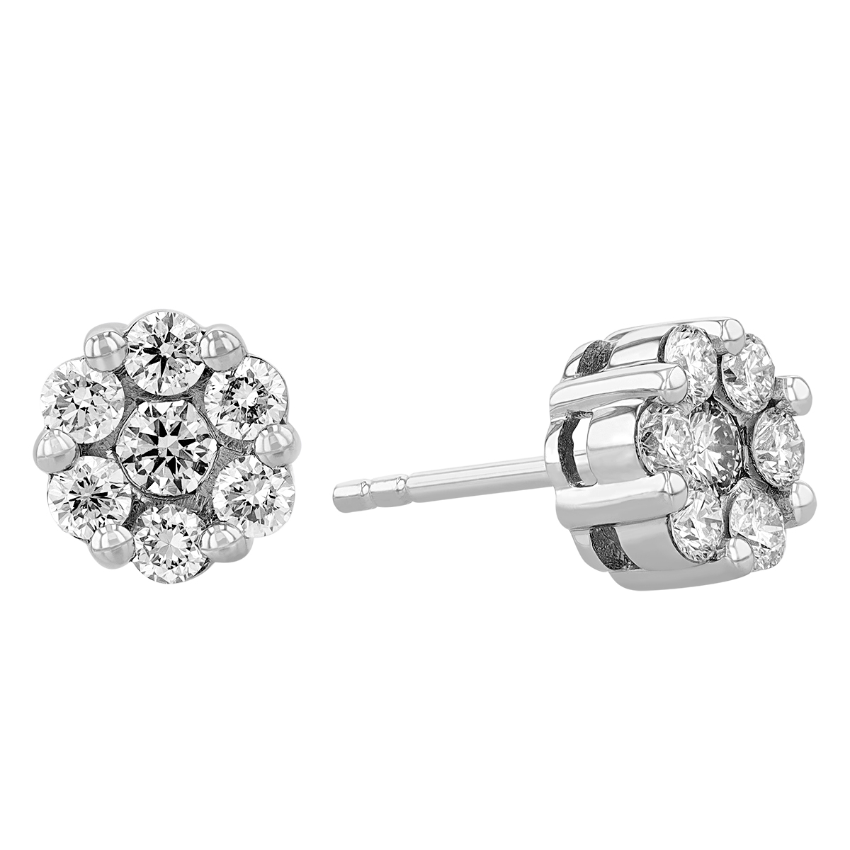 Diamond Cluster Stud Earrings in White Gold, .90 cttw