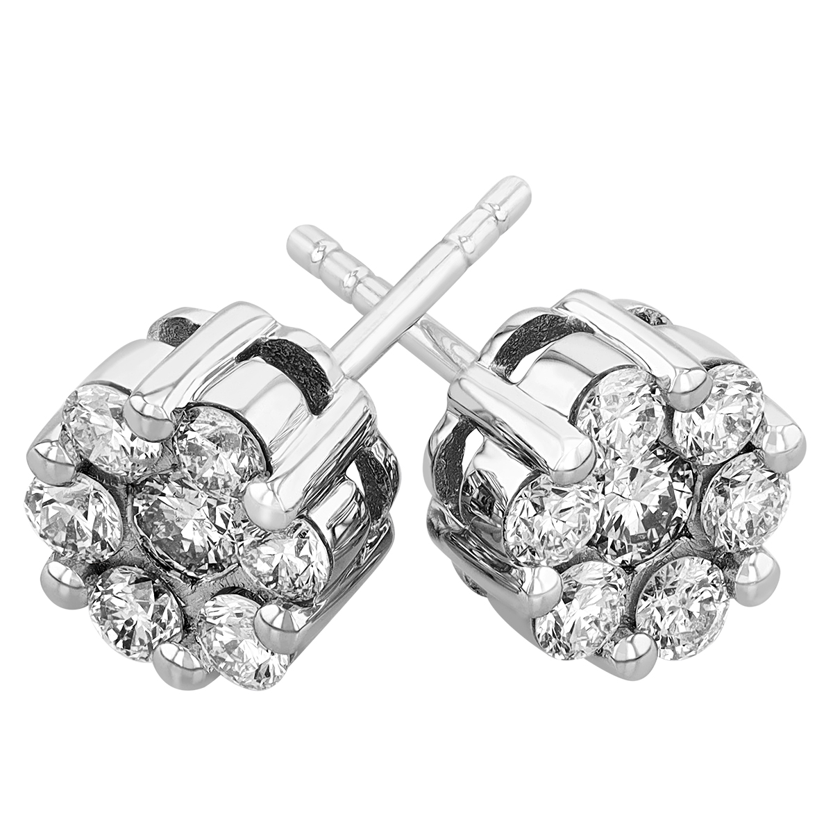 Diamond Cluster Stud Earrings in White Gold, .90 cttw