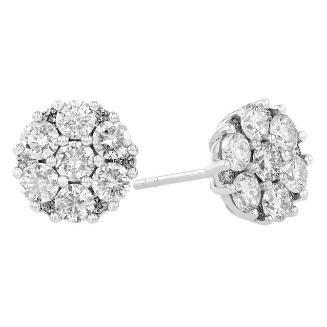 Diamond Cluster Stud Flush Fit Earrings in White Gold, 2.05 cttw