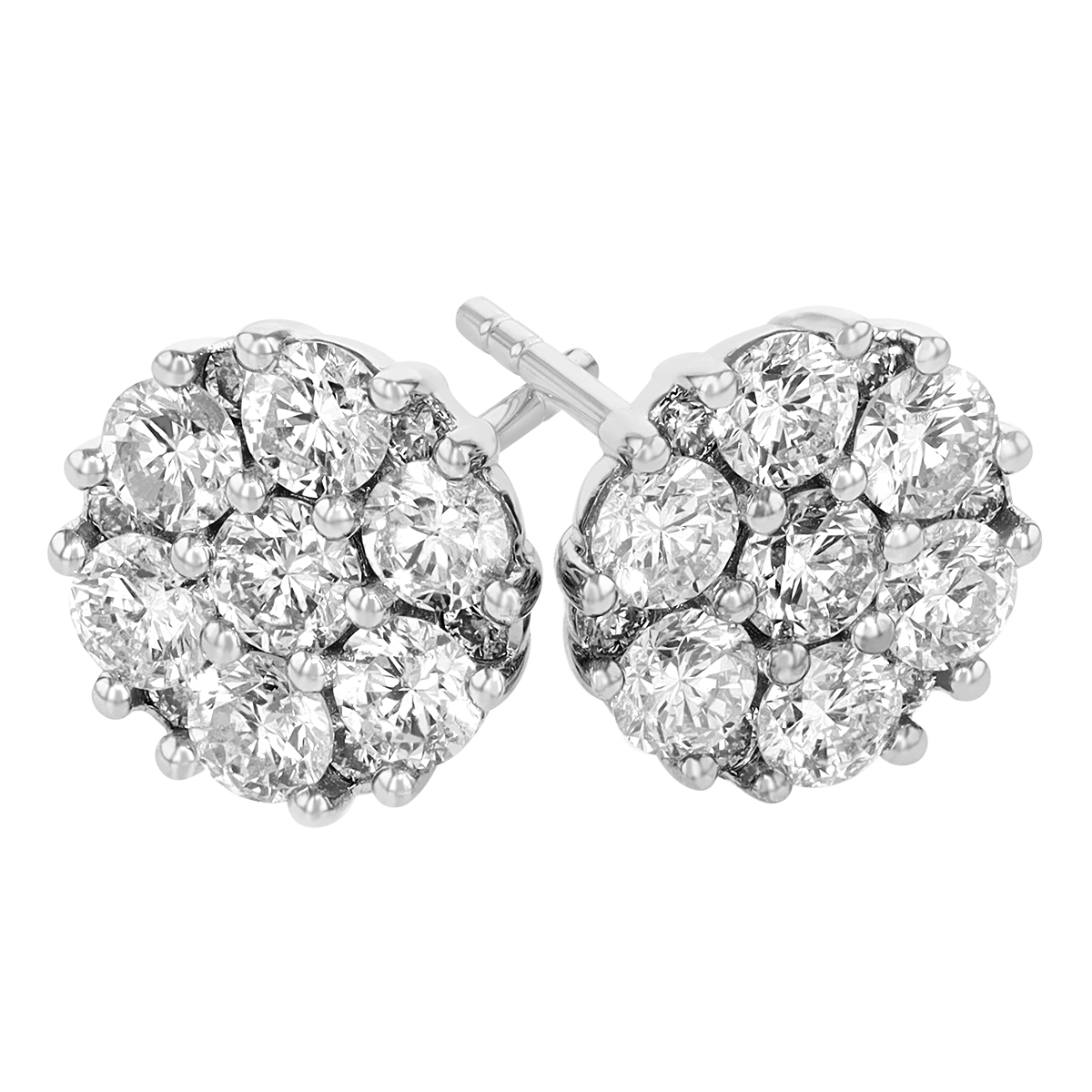 Diamond Cluster Stud Flush Fit Earrings in White Gold, 2.05 cttw